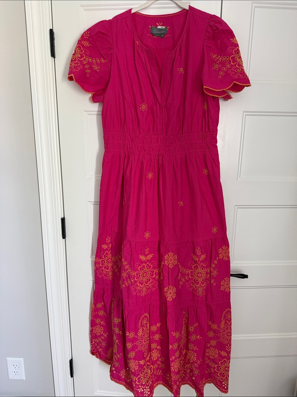 Anthropologie Magenta Maxi Dress with Gold Embroidered Detail